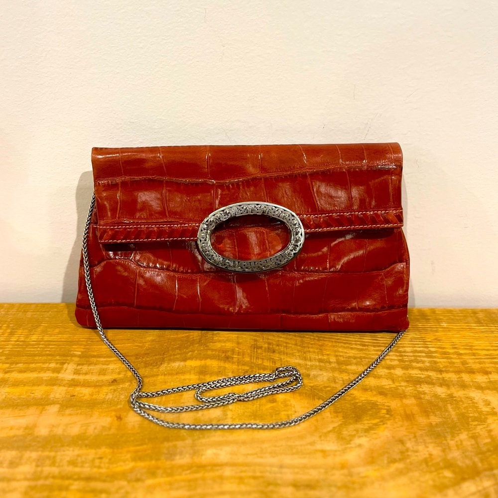 Brighton red leather croc embossed‎ crossbody clutch bag with chain eUC